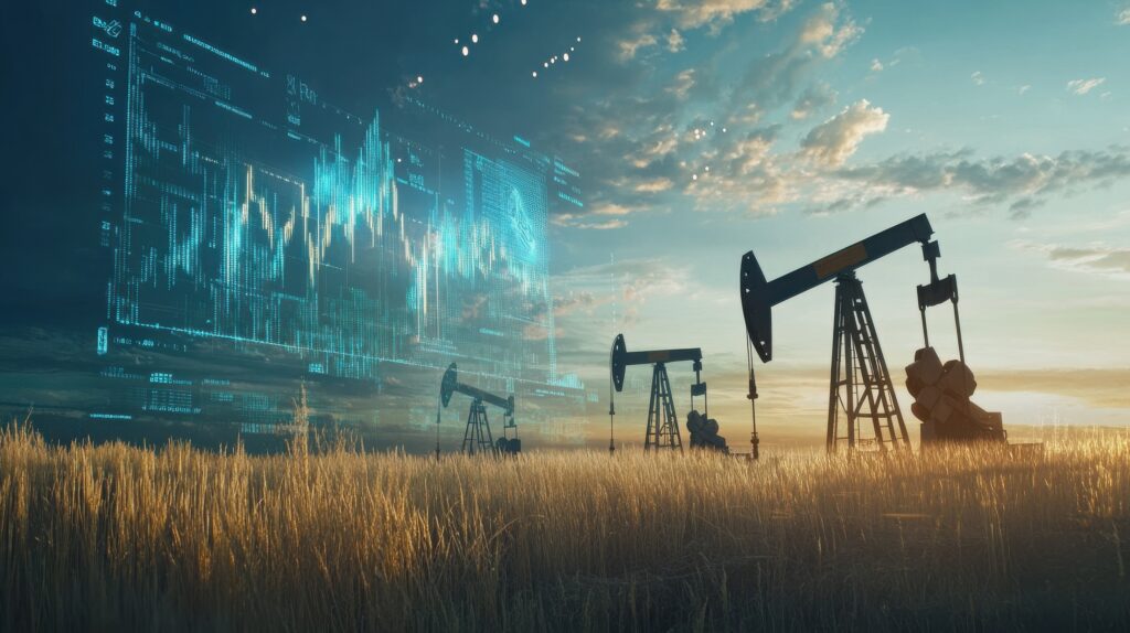 Rise in gasoline prices concept with double exposure of digital screen with growing financial chart candlestick and oil pumps on a field