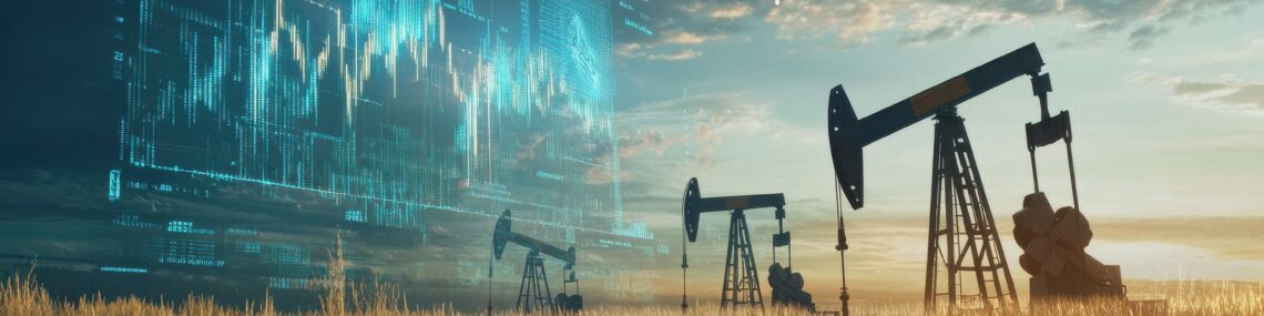 Rise in gasoline prices concept with double exposure of digital screen with growing financial chart candlestick and oil pumps on a field