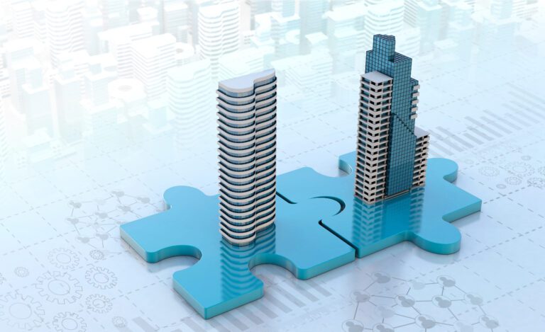 Two company towers on interlocking puzzle pieces illustrating a merger of two businesses
