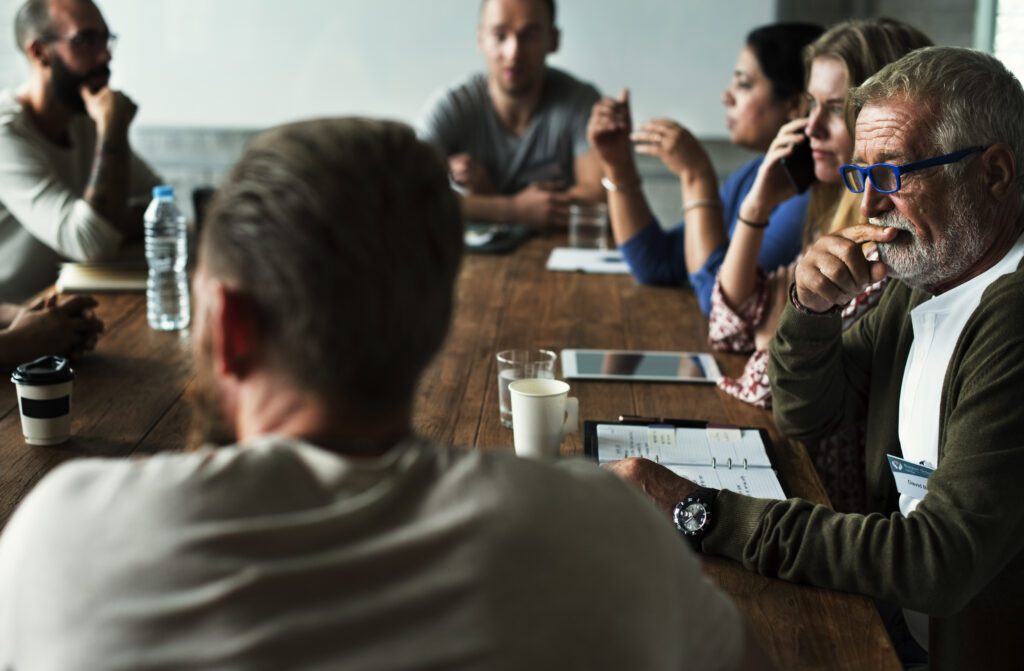 Corporate board of directors meeting discussion