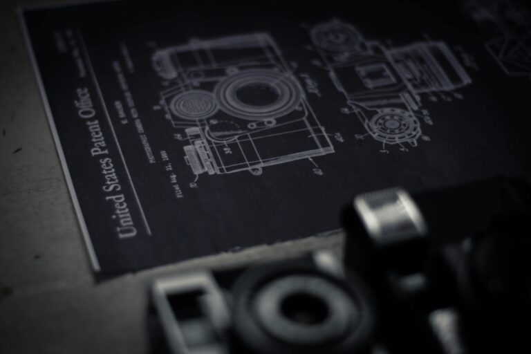 Patent blueprints for a camera being prepared for filing with United States Patent and Trademark Office
