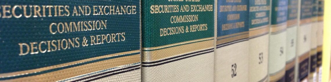 Closeup of legal books on the topic of securities