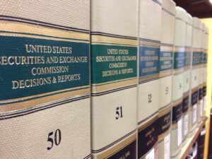 Closeup of legal books on the topic of securities