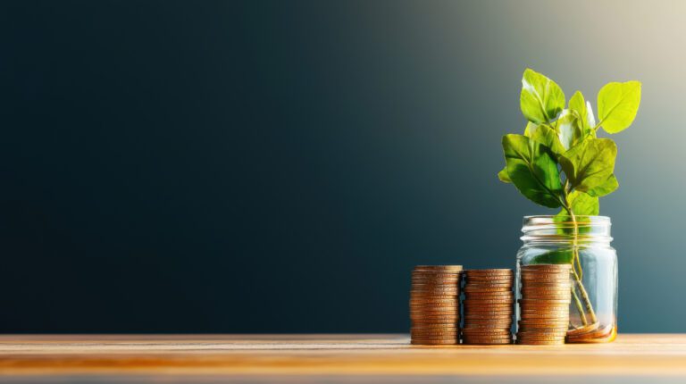 seed funding coins next to a small jar with a plant seedling growing