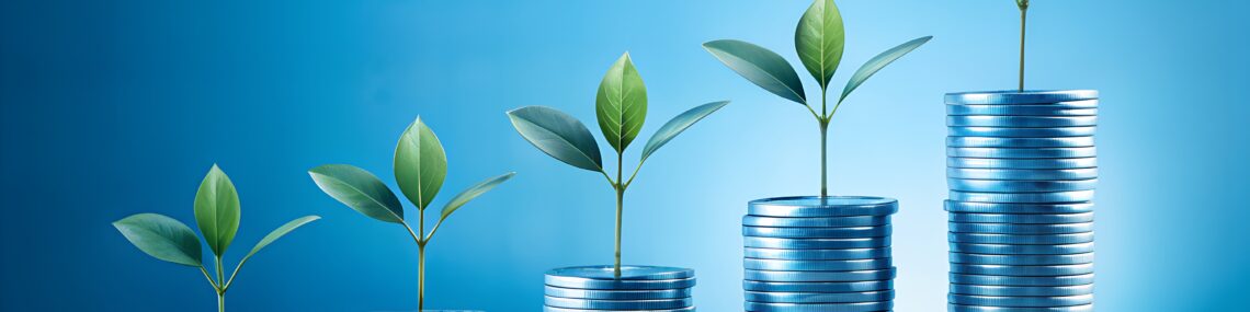 Silver coins stacked progressively upward with a sprouting plant on top of each stack business representing growth and investment against a blue backdrop