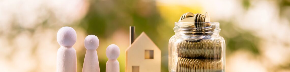 House model and family wood and bottle with gold coin inside of sunlight in the public park, estate planning for family and asset protection for future generations