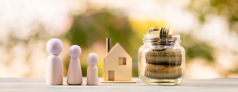 House model and family wood and bottle with gold coin inside of sunlight in the public park, estate planning for family and asset protection for future generations