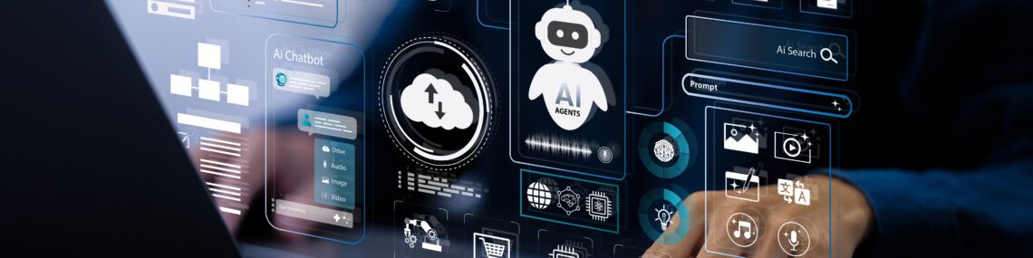 AI agent and generative artificial intelligence concept. Businessman using AI agents on screen, including chatbots, AI assistants, and data analytics tools on a laptop. LLM, Ai agentic workflows