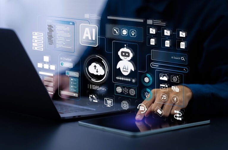 AI agent and generative artificial intelligence concept. Businessman using AI agents on screen, including chatbots, AI assistants, and data analytics tools on a laptop. LLM, Ai agentic workflows