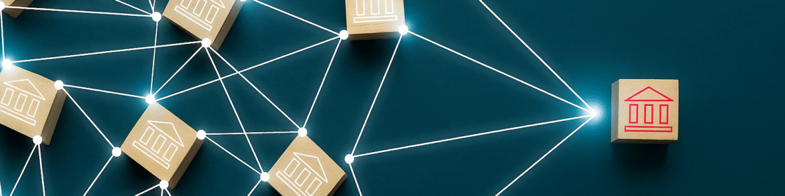 Wooden cube block business icon with linked connection network for series LLC structure