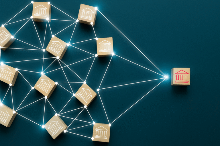 Wooden cube block business icon with linked connection network for series LLC structure