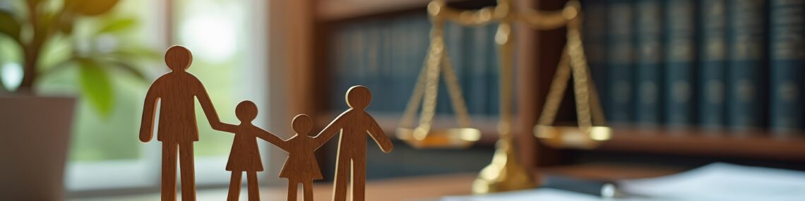 Family law concept photo. Wooden family figures stand on wooden table near law scale and legal documents. Attorney office background with blurred, books and sunlight. Picture covers inheritance themes
