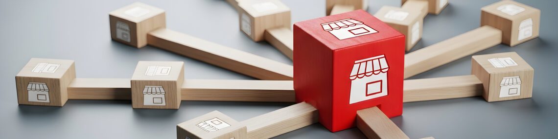 Business franchise expansion concept with connected wooden blocks and shop icons