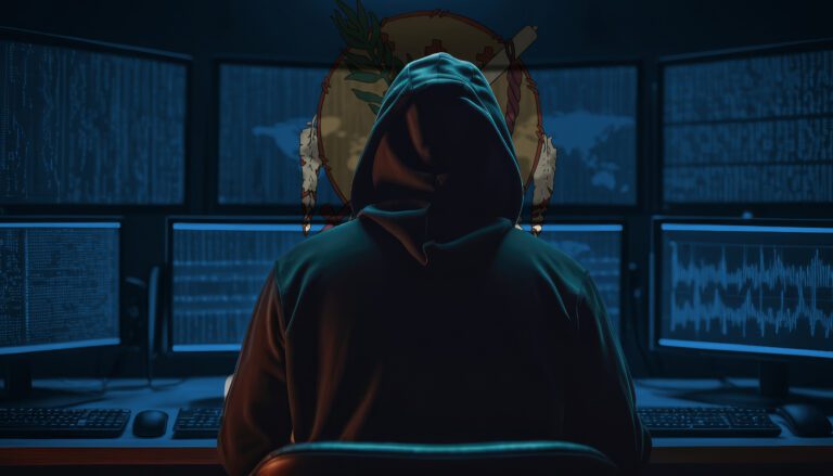 data privacy for Oklahoma. Hacker at the computers on a background of monitors, colors of the Oklahoma flag.