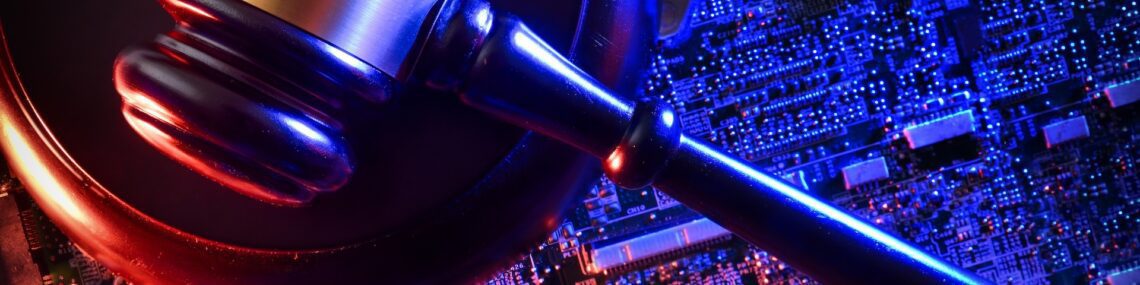 A judge’s gavel resting on a glowing circuit board, symbolizing the intersection of law, justice, and advanced digital technology in modern legal systems.