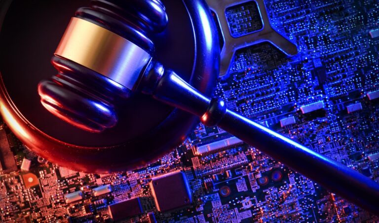 A judge’s gavel resting on a glowing circuit board, symbolizing the intersection of law, justice, and advanced digital technology in modern legal systems.