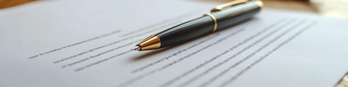 close up view of real estate contract on wooden table, featuring sleek pen ready for signing. This image captures essence of professionalism and commitment in LLC transactions.