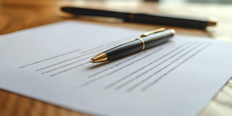 close up view of real estate contract on wooden table, featuring sleek pen ready for signing. This image captures essence of professionalism and commitment in LLC transactions.