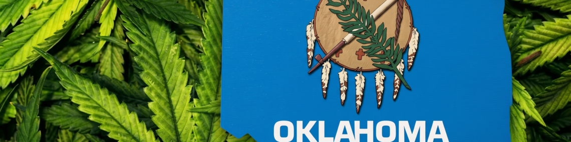 A blue map-shaped overlay of the state of Oklahoma, featuring its official flag shield in the center, rests on a dense, textured background of large cannabis leaves.