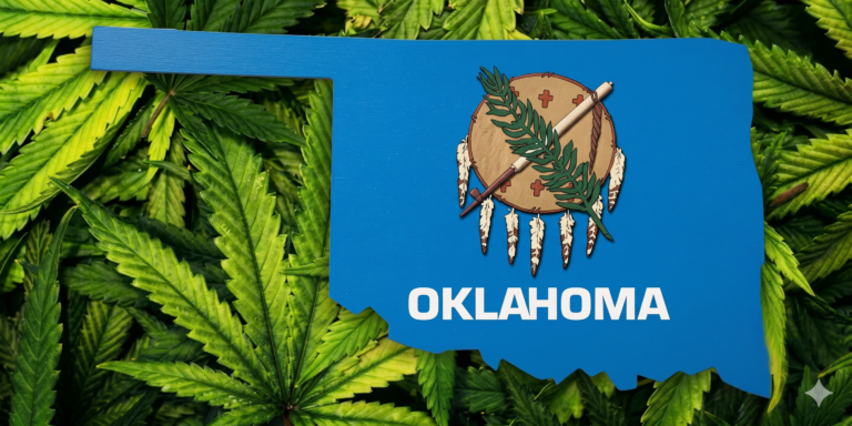 A blue map-shaped overlay of the state of Oklahoma, featuring its official flag shield in the center, rests on a dense, textured background of large cannabis leaves.