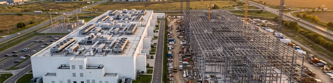 High Aerial of a Finished White Data Center Hall Beside a Steel Frame Building Under Construction With Four Tower Cranes Against a Hazy Golden Sunset Over Oklahoma Farmland Industry