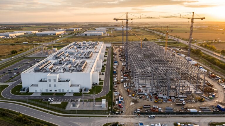 High Aerial of a Finished White Data Center Hall Beside a Steel Frame Building Under Construction With Four Tower Cranes Against a Hazy Golden Sunset Over Oklahoma Farmland Industry