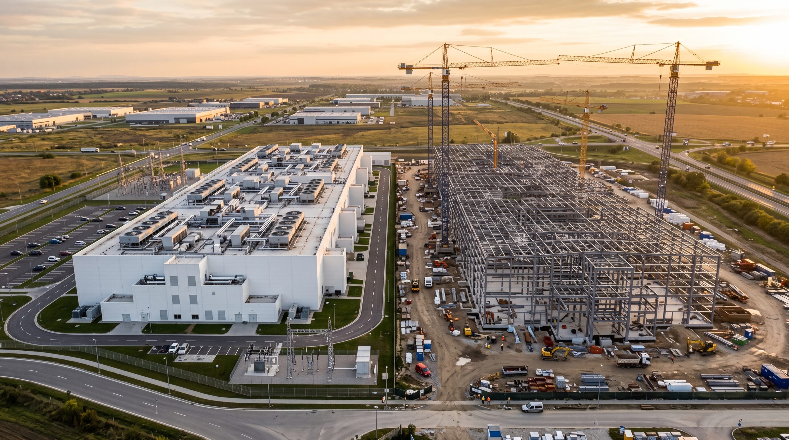High Aerial of a Finished White Data Center Hall Beside a Steel Frame Building Under Construction With Four Tower Cranes Against a Hazy Golden Sunset Over Oklahoma Farmland Industry