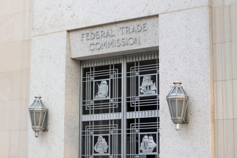 Entrance to the Federal Trade Commission Building in Washington, DC, that serves as the headquarters of the Federal Trade Commission (FTC).