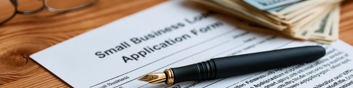 A close-up view of a small business loan application form, a fountain pen, glasses, and a stack of US dollar bills arranged on a wooden surface