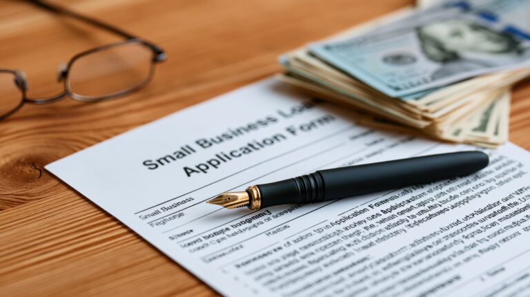A close-up view of a small business loan application form, a fountain pen, glasses, and a stack of US dollar bills arranged on a wooden surface
