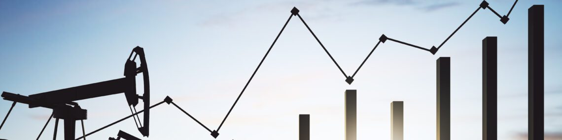 Silhouetted oil pumpjacks at sunset beside a rising bar and line chart, illustrating oil price volatility