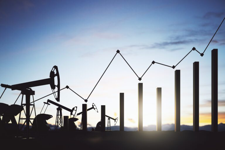 Silhouetted oil pumpjacks at sunset beside a rising bar and line chart, illustrating oil price volatility