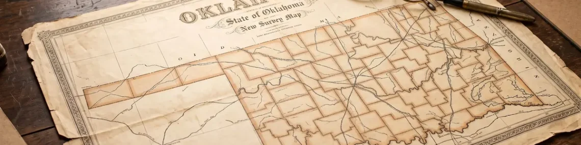 Antique Oklahoma state survey map on a wooden desk with reading glasses and a fountain pen