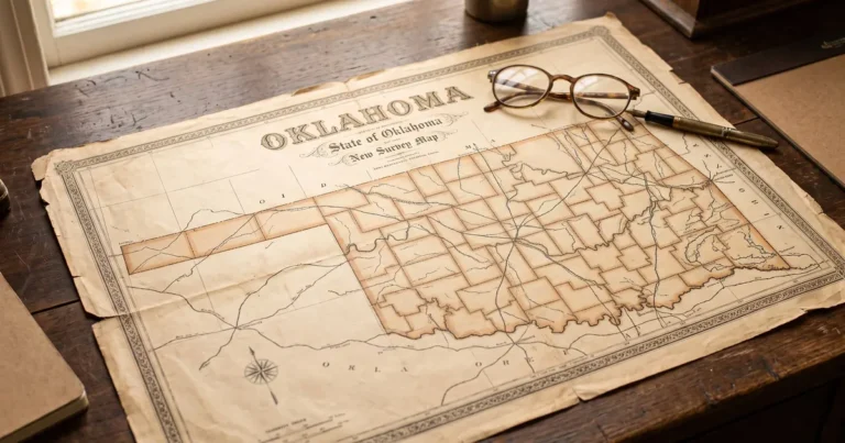 Antique Oklahoma state survey map on a wooden desk with reading glasses and a fountain pen