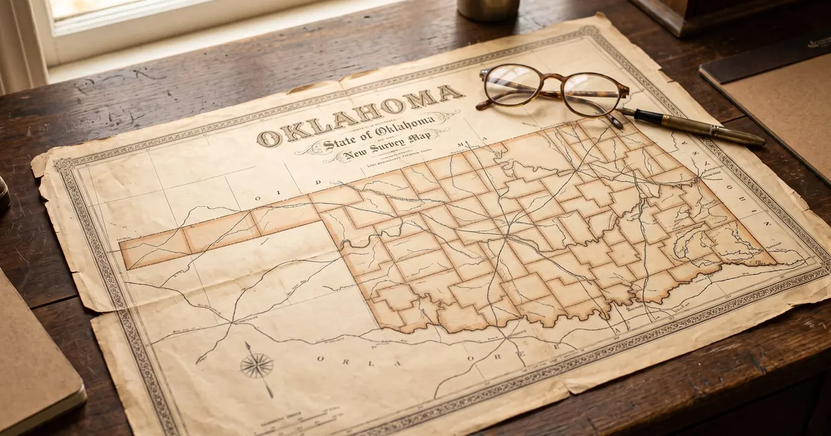 Antique Oklahoma state survey map on a wooden desk with reading glasses and a fountain pen