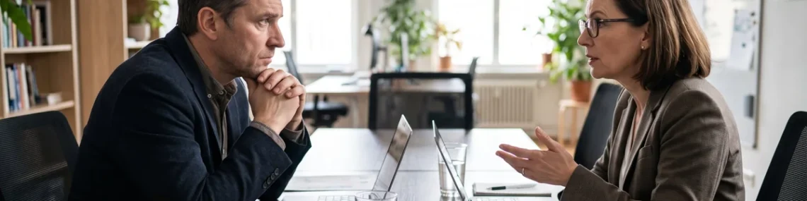Two business partners in a tense discussion across a conference table with laptops and documents