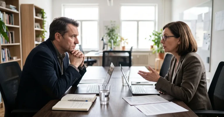Two business partners in a tense discussion across a conference table with laptops and documents
