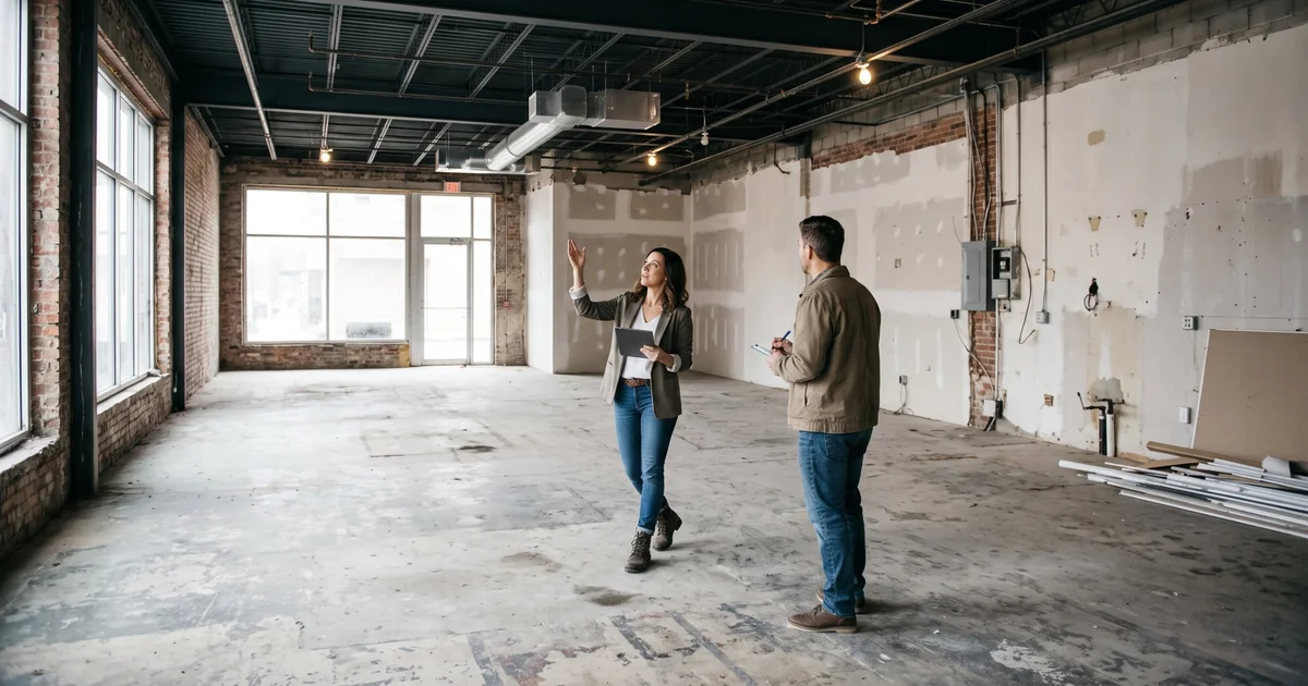 Two people touring an empty commercial space with exposed brick, ductwork, and a bare concrete floor