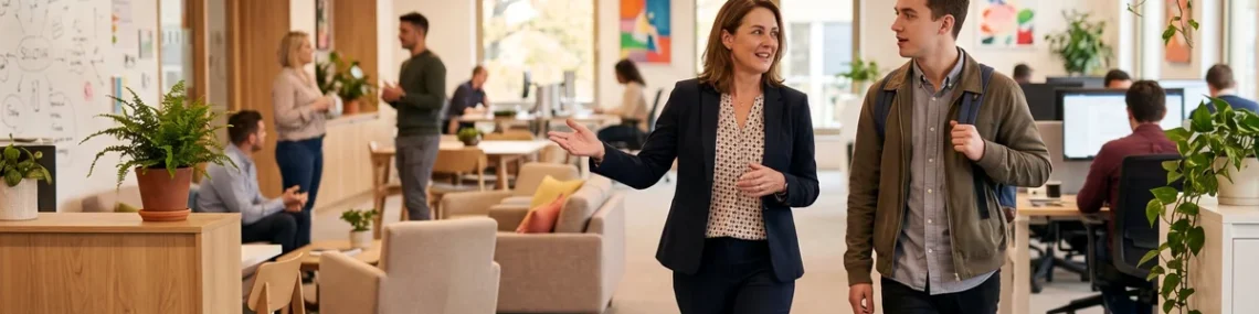 Manager talking with a young employee as they walk through a bright open office with coworkers at desks