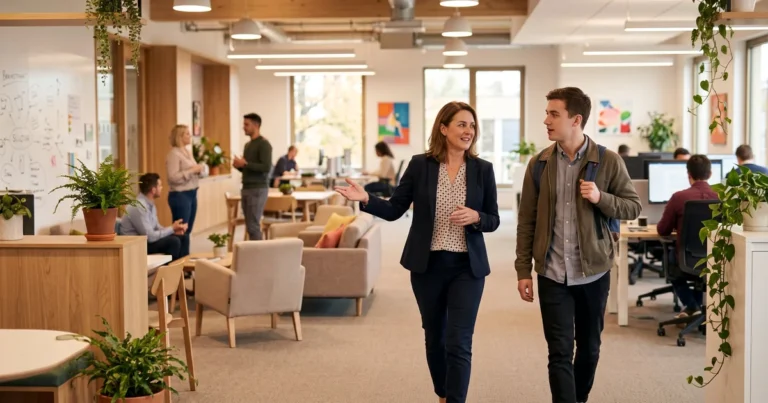 Manager talking with a young employee as they walk through a bright open office with coworkers at desks