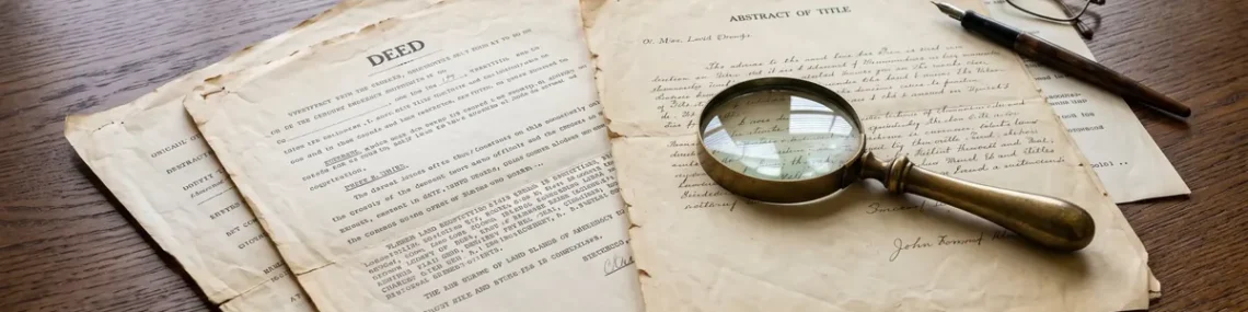 Aged deed and abstract of title pages on a desk with a brass magnifying glass and fountain pen