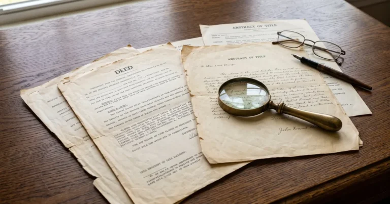 Aged deed and abstract of title pages on a desk with a brass magnifying glass and fountain pen