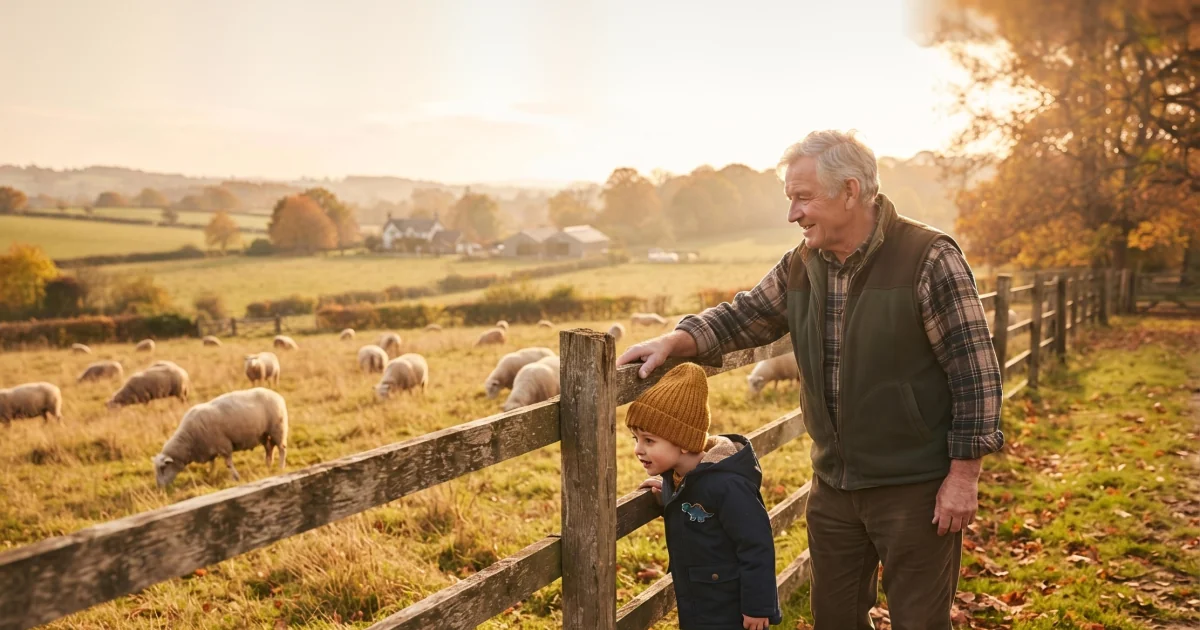 Grandfather and young grandson leaning on a wooden fence watching sheep graze on an autumn farm