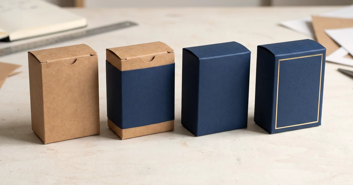 Product boxes progressing from plain kraft to navy packaging with a gold foil border