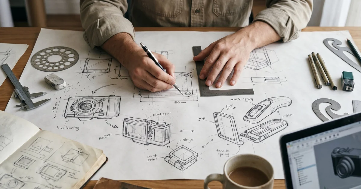 Designer sketching camera product concepts on drafting paper with a pencil, metal square, and design tools