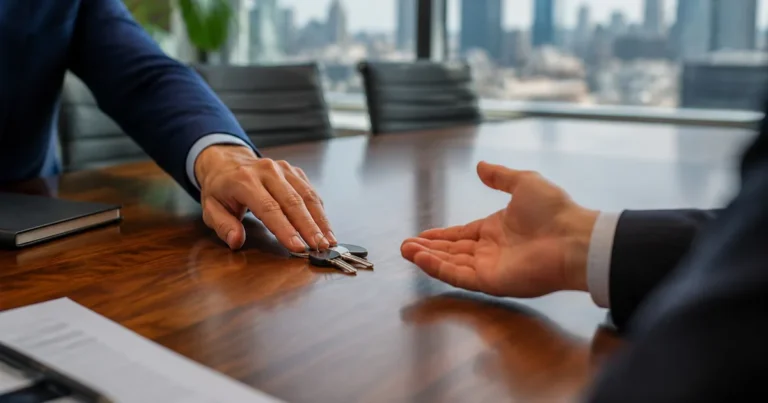 Business owner sliding a set of keys across a conference table to another person's open hand