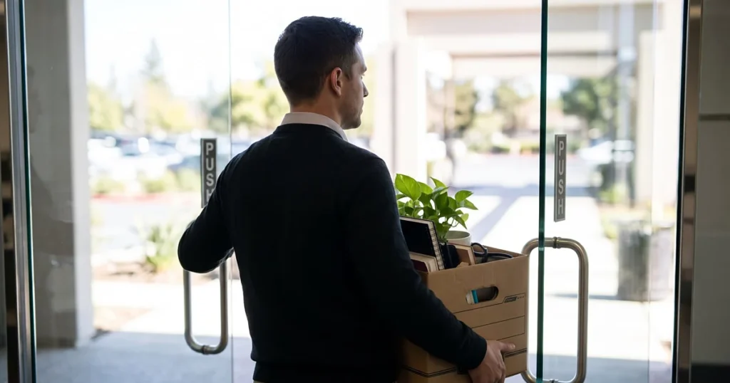 Employee carrying a box of belongings out of an office after leaving a job