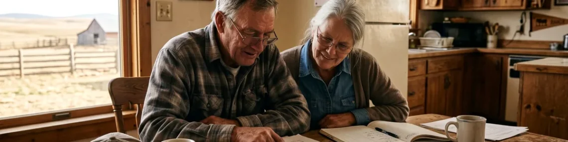 Older couple reviewing documents at a farmhouse kitchen table, with a barn and pasture through the window
