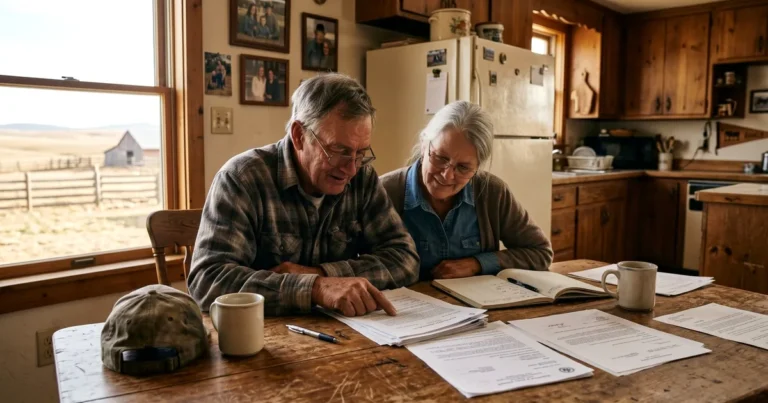 Older couple reviewing documents at a farmhouse kitchen table, with a barn and pasture through the window