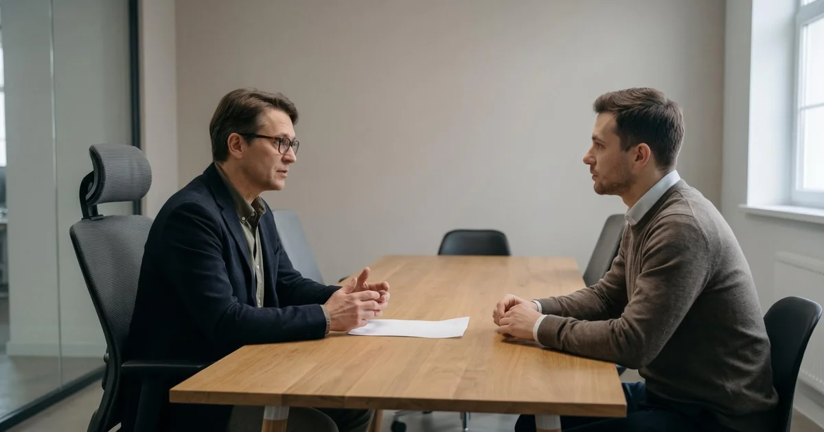 Two men in a serious conversation across a conference table with a single sheet of paper between them